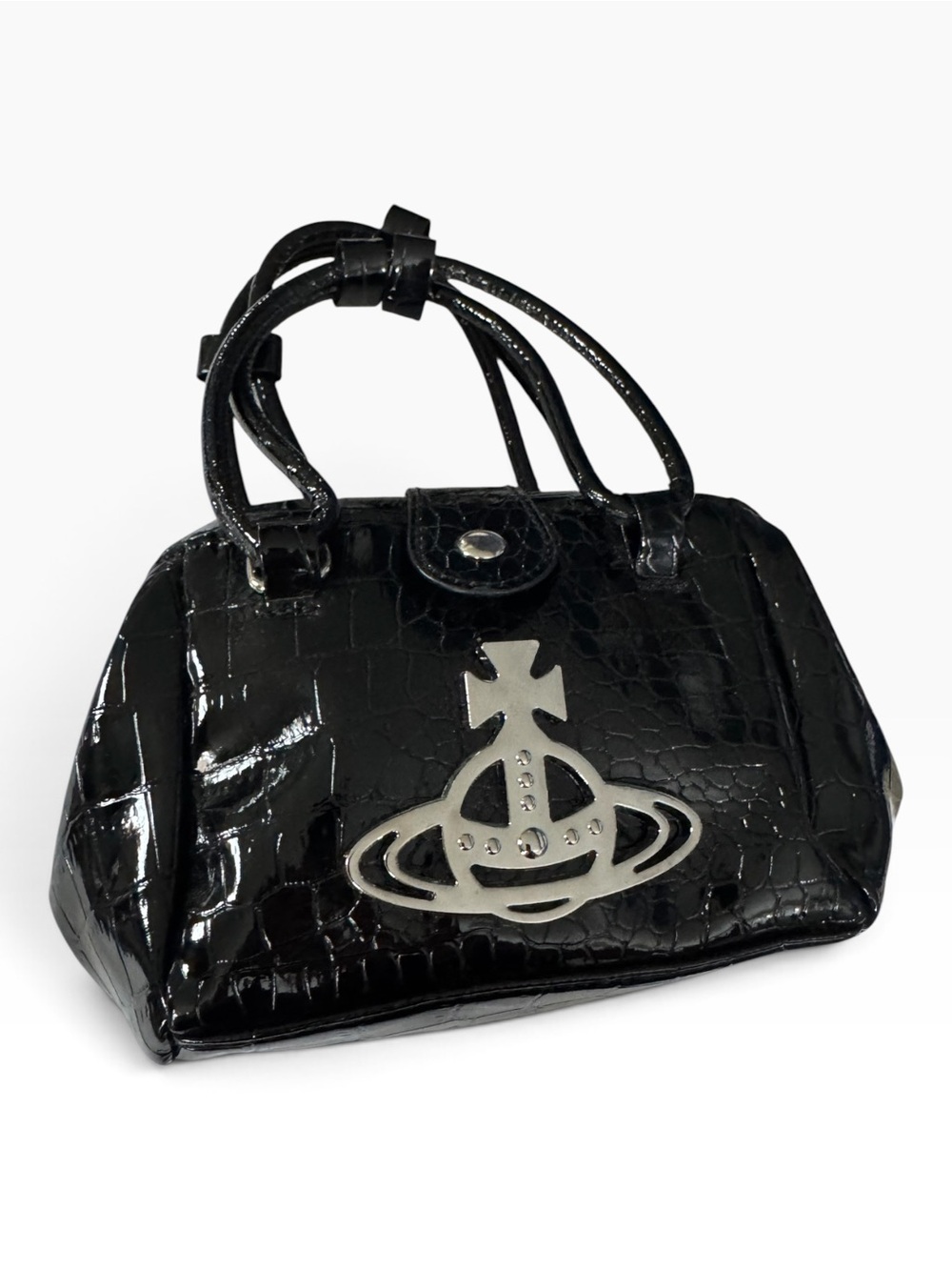 small Black Patent Dome Satchel with Orb Emblem